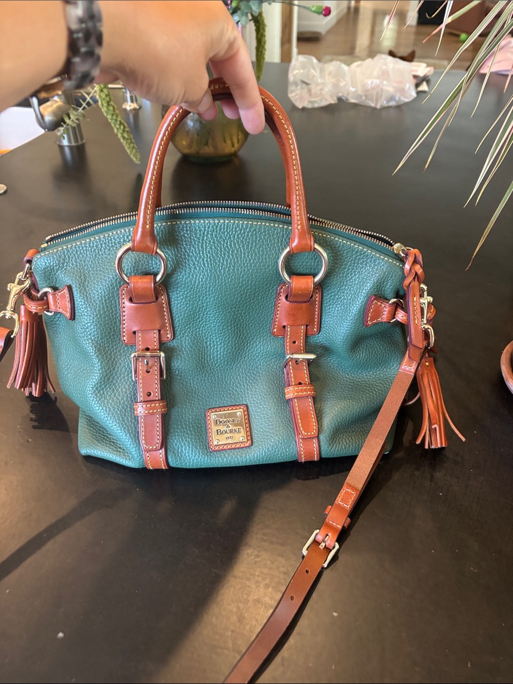 Vintage Dooney & Bourke Teal Pebbled Leather Satchel with Brown Trim